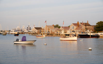 Nantucket harbor with docked boats and waterfront