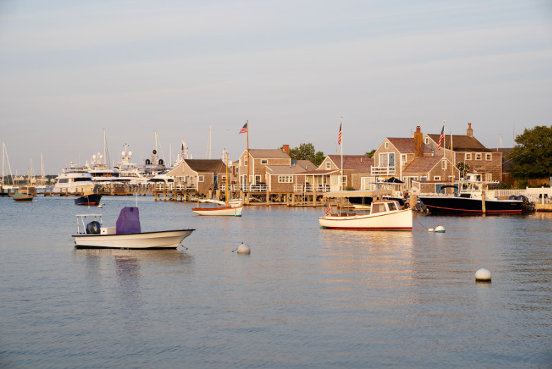 Nantucket harbor with docked boats and waterfront
