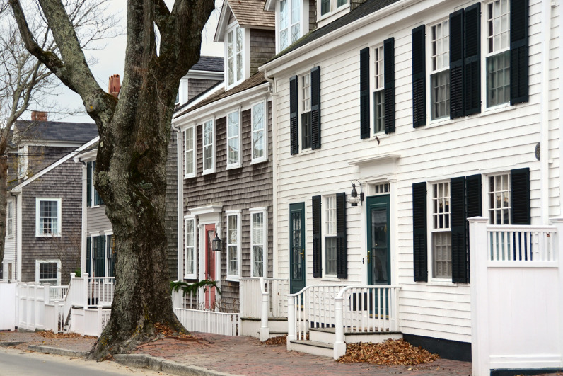 Shingled and clapboard houses along Orange Street in Nantucket town