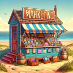 A-cartoon-style-image-of-a-beachside-farm-stand-in-Nantucket-selling-marketing-materials-instead-of-traditional-farm-products.-The-stand-is-quaint-an