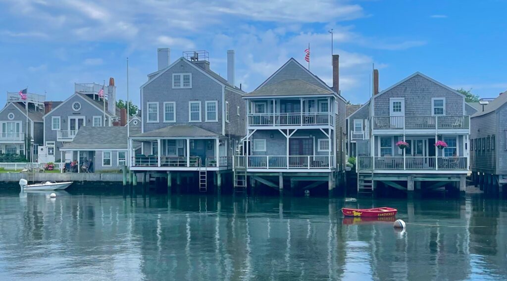 Historic waterfront houses on Old North Wharf, Nantucket Harbor