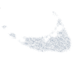 Abstract illustration of Nantucket Island formed by scattered dark blue particle dots on a white background